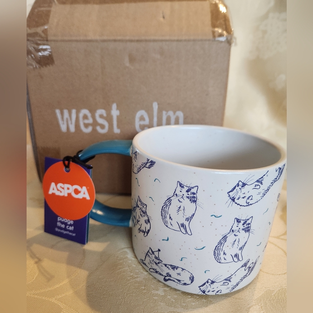 West Elm & ASPCA Pudge The Cat Mug with Blue Handle NIB